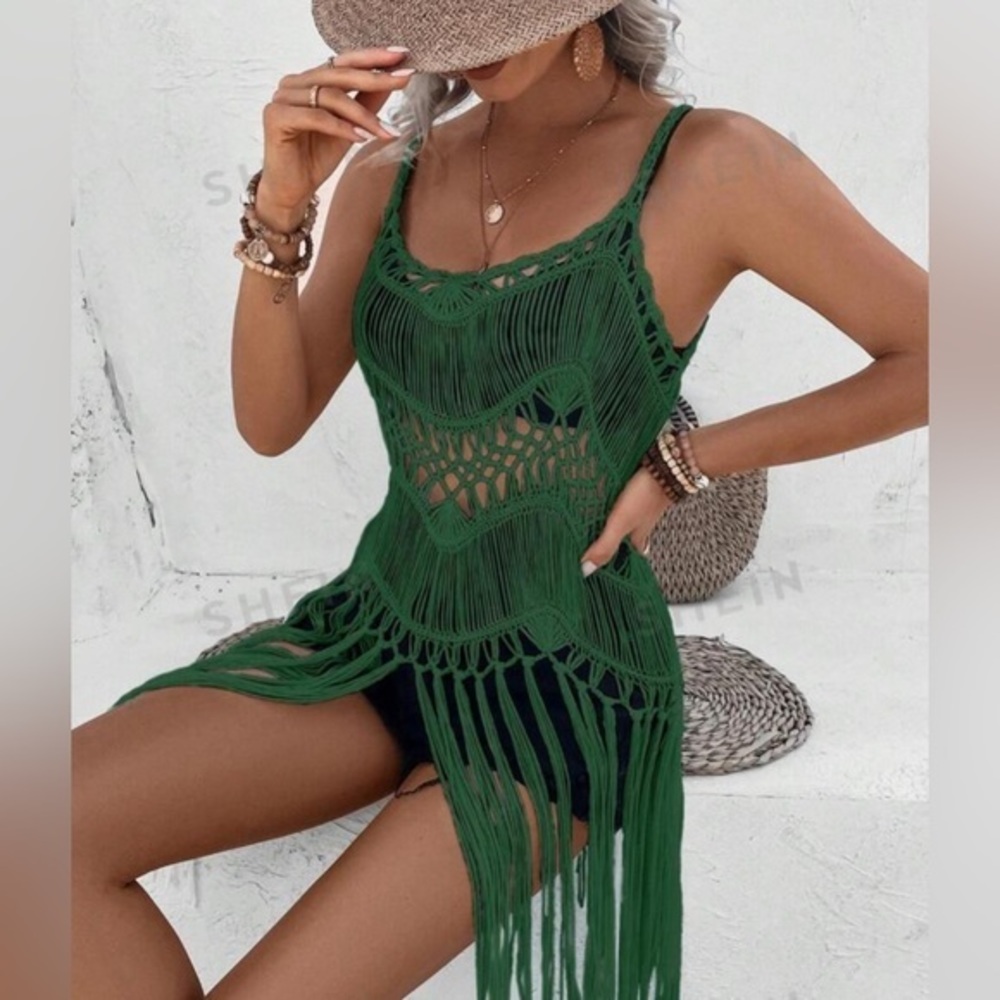 Solid Color Spaghetti Strap Hollow Out Fringe Hem Dress Cover Up